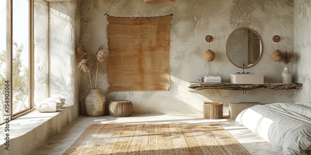 Obraz premium Boho Scandinavian style in farmhouse interior. Beige bedroom with natural wooden furniture.
