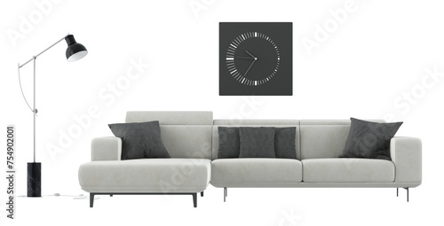 Elegant living room setup featuring a chic sofa, floor lamp, and minimalist clock wall arton transparent background- 3d rendering photo