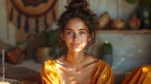 A woman with a green eye and a yellow dress is sitting on a bed. She is smiling and looking at the camera