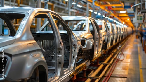 Mass Production Assembly Line of Modern Cars in a Busy Factory