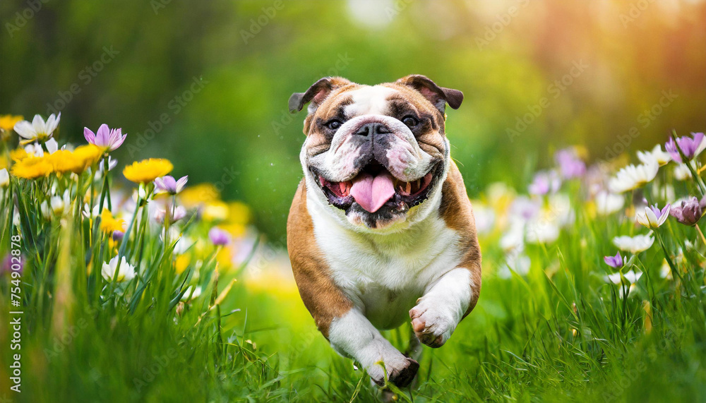 A dog bulldog with a happy face runs through the colorful lush spring green grass