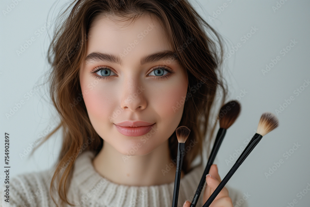 young beautiful woman holds make-up tools in her hands young beautiful woman holds make-up tools in her hands