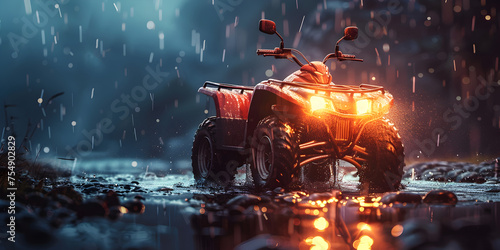  Atv quad bike standing on rocks during the night raining view background with glowing lights 