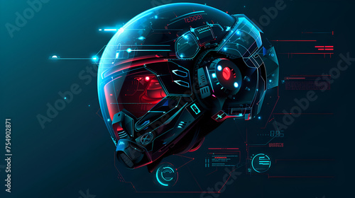 Close-up of a robot head in a helmet on ablue background,Cyborg head on abstract circuit board background. 3D Rendering

 photo