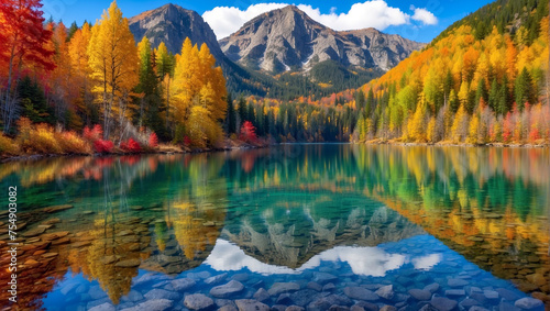 Fototapeta Naklejka Na Ścianę i Meble -  mountain landscape with a crystal clear lake reflecting the vibrant colors of autumn trees, their leaves rustling in the gentle breeze.