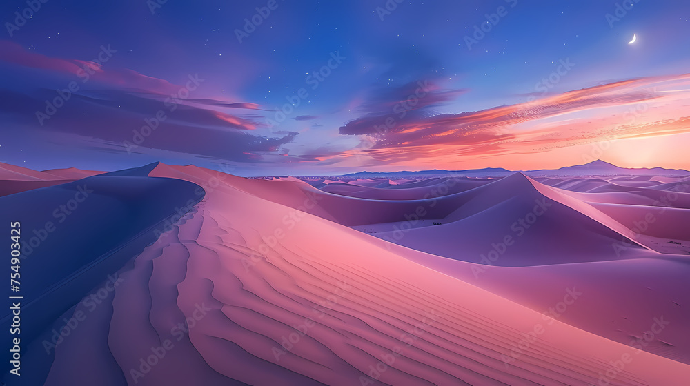 Generative AI, Dunes at Dusk: The Sahara's Serene Sunset Majesty - obrazy, fototapety, plakaty 