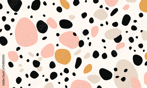 Terrazzo Pattern Has a Pastel Pink  Peach and Black Colour Palette With a White Background and Simple Shapes. The Artwork Is in the Style of Simple Shapes and a Terrazzo Pattern With a Pastel Pink