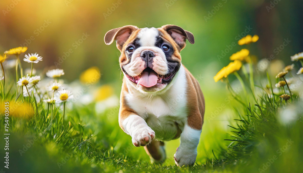 A dog bulldog puppy with a happy face runs through the colorful lush spring green grass