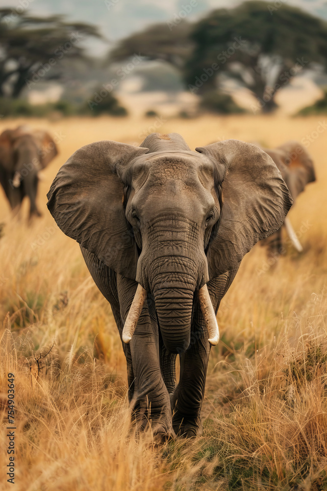 Majestic African Elephant Leading Herd in Golden Savannah Banner