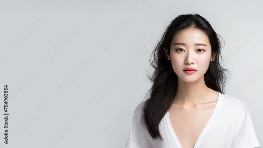 Portrait of a beautiful Asian woman isolated on a gray background. Copy space for text, advertising. Concept of beauty, anti aging, cosmetic product, skin, care, make-up, cosmetics, plastic surgery Portrait of a beautiful Asian woman isolated on a gray background. Copy space for text, advertising. Concept of beauty, anti aging, cosmetic product, skin, care, make-up, cosmetics, plastic surgery