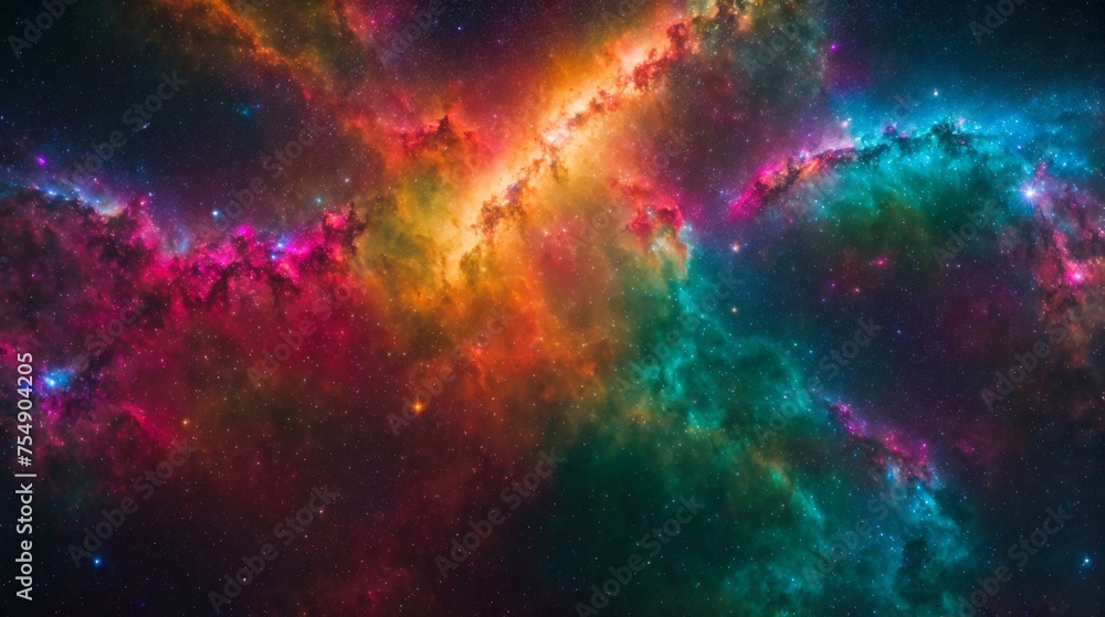 Fototapeta premium Vivid explosion of bright powders depicts a cosmic nebula-like presentation 