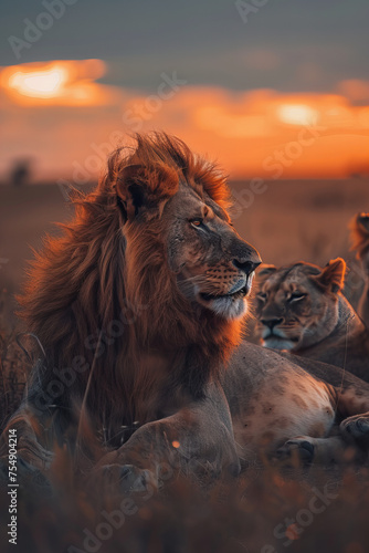 Majestic Lion and Lioness at Sunset in the Wild Nature Banner