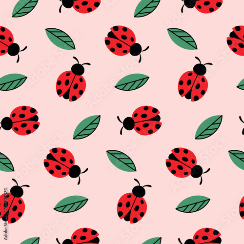 Seamless pattern ladybug flat style and leaves on pink background © AnaRisyet