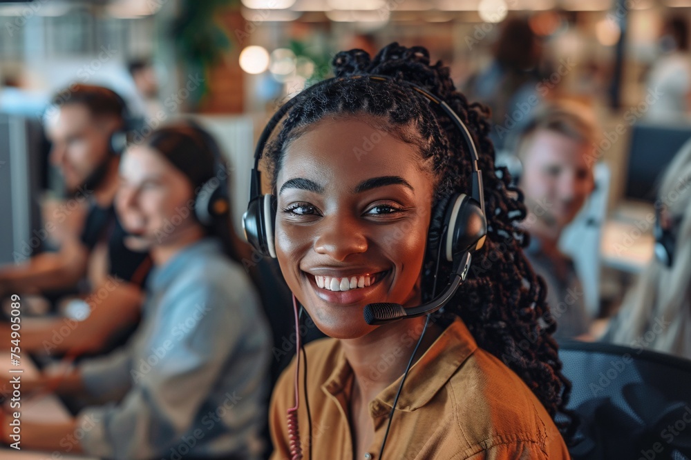 Fototapeta premium Smiling Woman in Headphones, Celebrating Women's History Month Generative AI