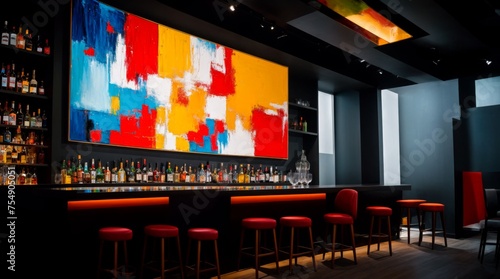 A lively abstract artwork injects creativity into the modern lounge environment 