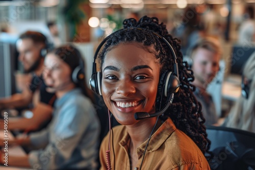 Smiling Woman in Headphones, Celebrating Women's History Month Generative AI © Jhanvi