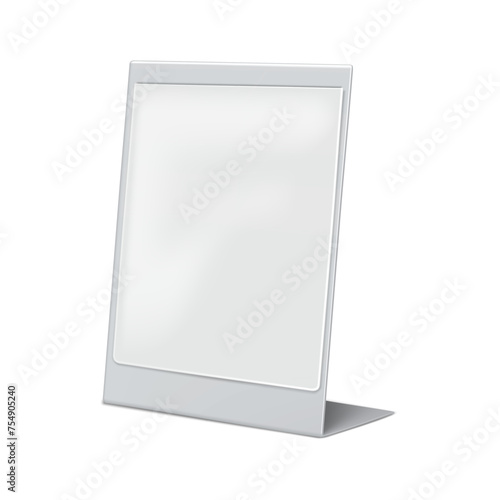 L-shaped clear plastic pocket with metal back, sign holder vector mock-up. Signback mockup. Acrylic countertop information display stand template