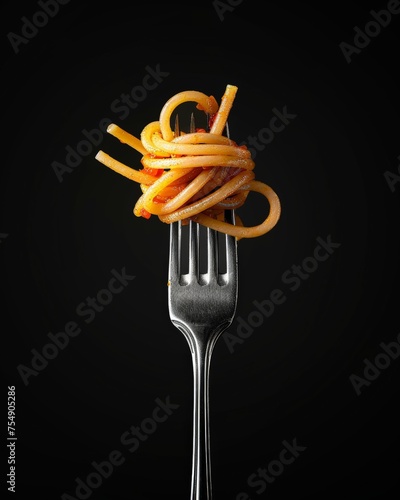 Spiral-shaped Spaghetti on Fork Against Black Background