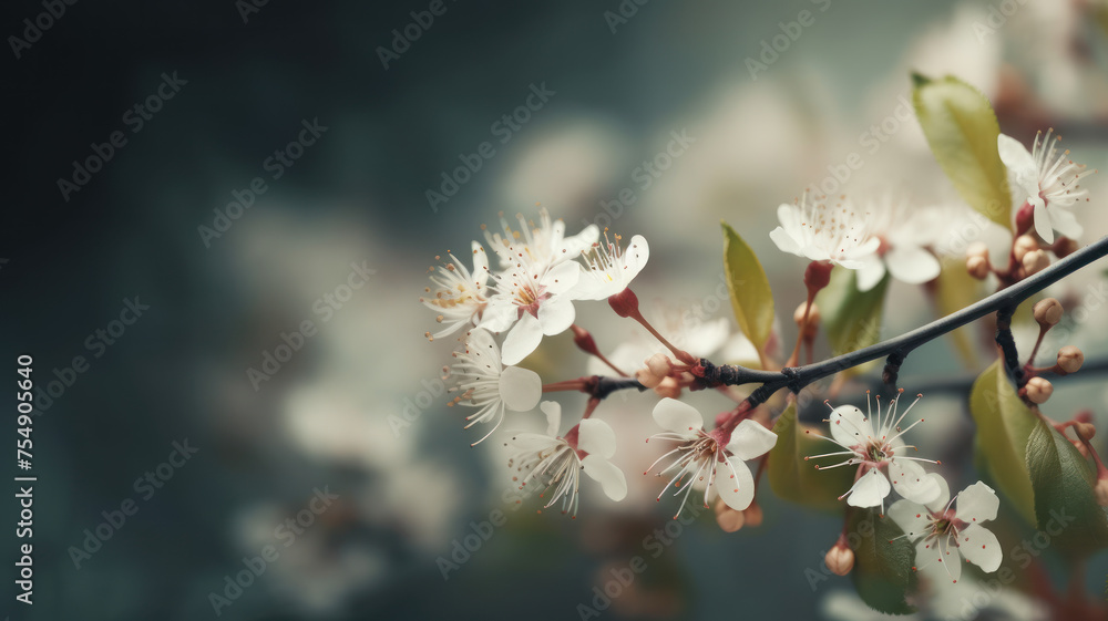 Blossoming apple tree branch close-up with copy space.
