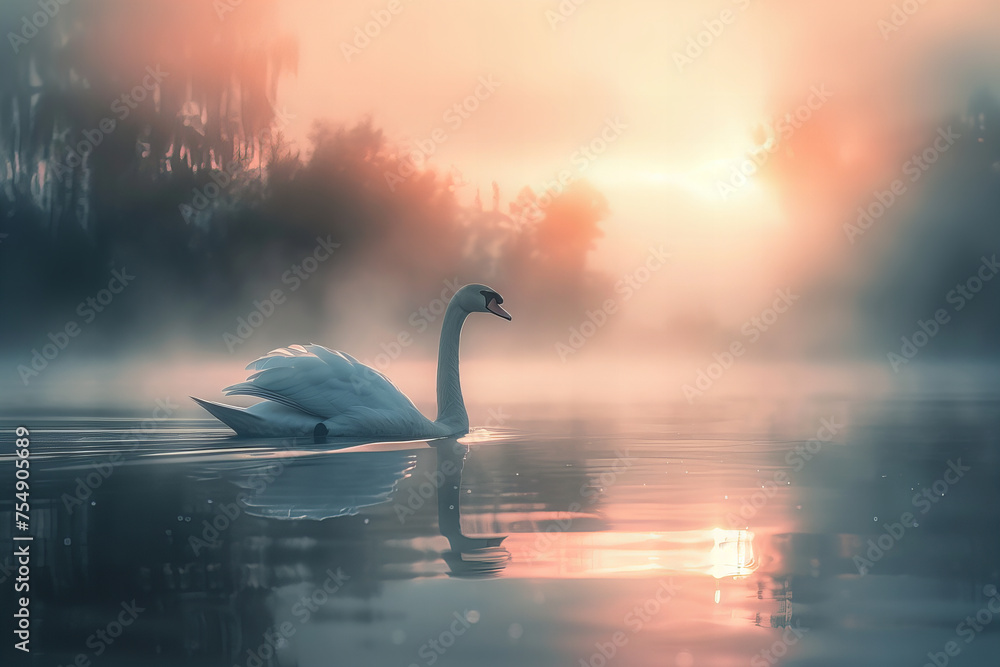 Serenity at Sunrise: A Majestic Swan Glides on Misty Waters Banner