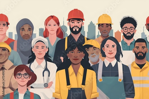 cartoon animated style multinational group of workers symbolizes labor day workforce 