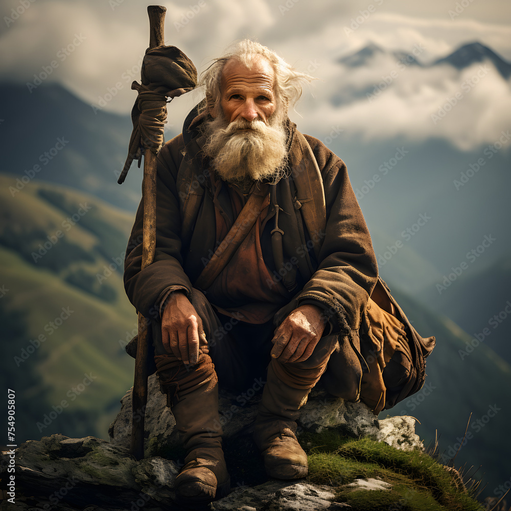 old man in the mountains, portrait in the mountains, old man portrait