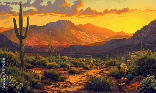 Sunset Serenade A Cactus-Filled Desert Scene Generative AI photo