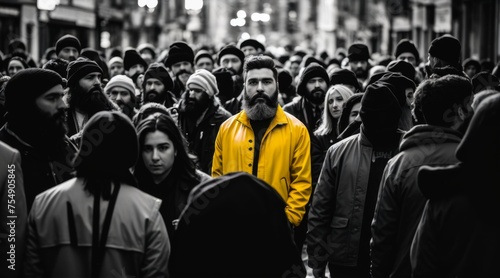 Bearded Man Takes Center Stage in Yellow Jacket Amid Monochrome Crowd 