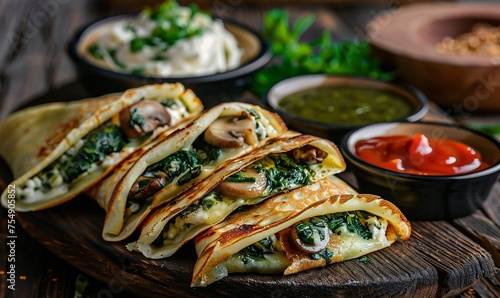 St. Patrick's Day Delight Mushroom and Spinach Quesadilla with a Kick of Guacamole Generative AI photo