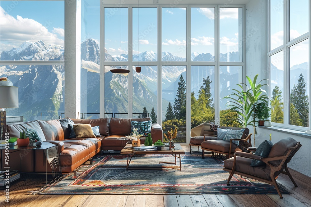 Fototapeta premium Modern Living Room with a View of the Mountains Generative AI