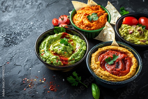 Savory Snacks A Tasty Trio of Hummus, Guacamole, and Salsa Generative AI photo