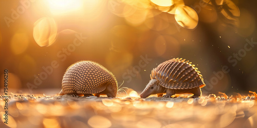 Golden Hour Encounter: Two Armadillos in Natures Dreamy Light Banner