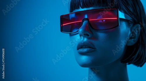 Enigmatic Woman with Red Laser Visor in Blue Light