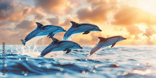 Graceful Dolphins Leaping at Sunset - Oceanic Majesty Banner Display © Dmitrii