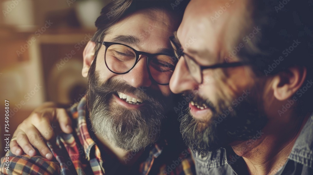Adult hipster son fun hugging old senior father at home, two generations have a beard talking together and relaxing with smile, 2 man happy enjoy to living at home in father's day with love of family - obrazy, fototapety, plakaty 
