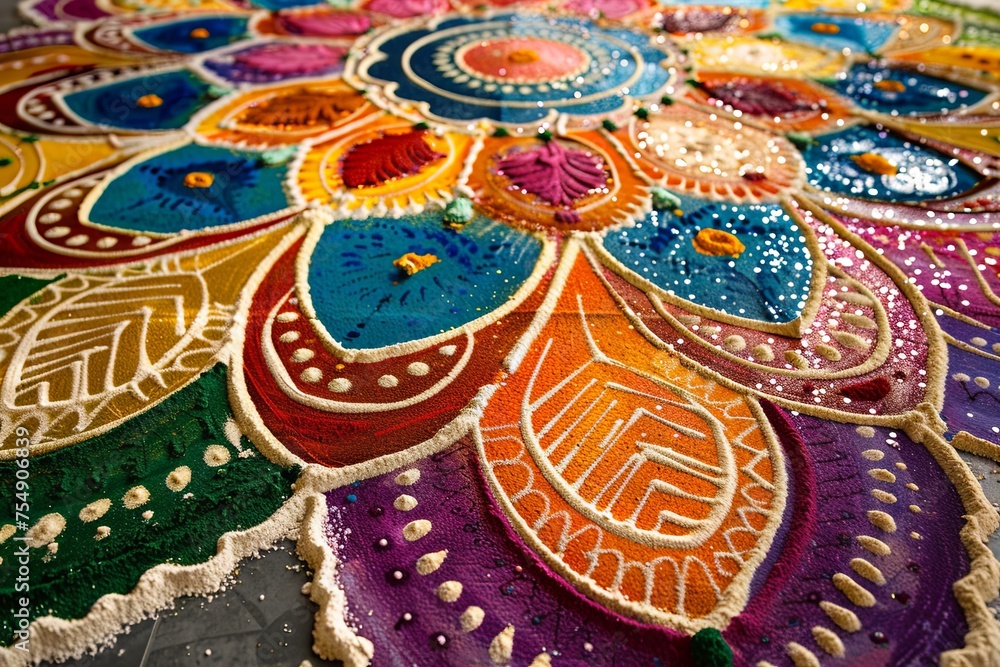 A detailed close-up view of a vivid and intricate table cloth with colorful traditional Indian designs. Generative AI