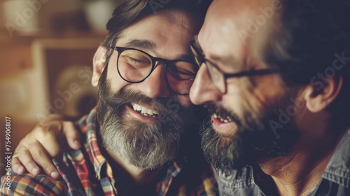 Adult hipster son fun hugging old senior father at home, two generations have a beard talking together and relaxing with smile, 2 man happy enjoy to living at home in father's day with love of family photo