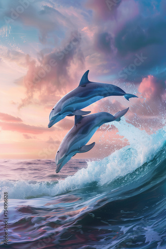 Majestic Dolphins Leaping at Sunset Ocean Waves Banner