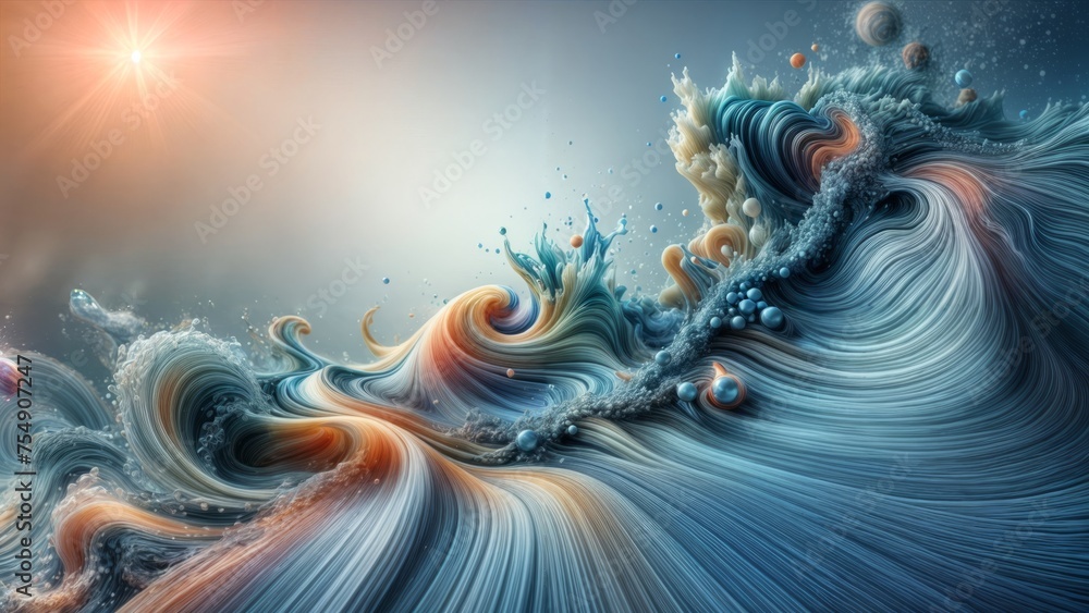 Obraz premium Abstract piece with swirling colors that resemble water and a dragon. There is a sun on the left side and a blue and red cloud on the right. The colors range from light blue to orange and red.