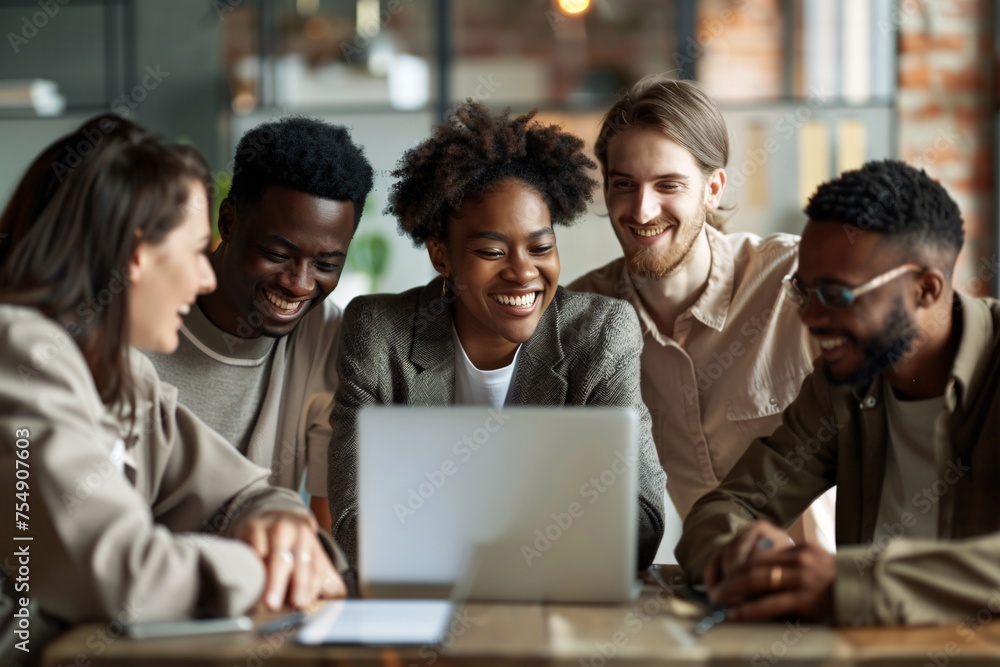 Smiling Friends Gather Around a Laptop for a Monthly Meetup Generative AI Smiling Friends Gather Around a Laptop for a Monthly Meetup Generative AI