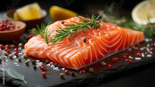 Fresh salmon fillet with herbs and spices on slate