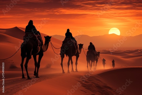 Desert landscape at sunset with camels trekking, pink skies, and sun setting over the horizon