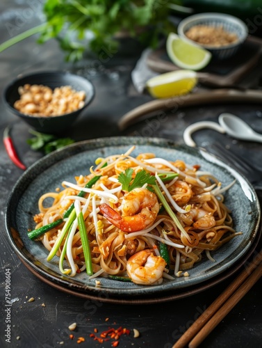 Pad Thai  Stir Fried Noodle  Famous Thailand Food on the table  Close up