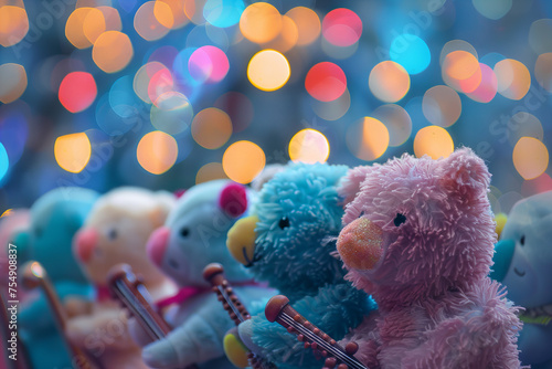 Adorable Plush Toys Serenading Under Enchanting Festive Lights Banner