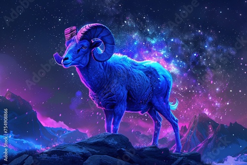 Ram-tastic Night Sky A Blue Ramsay in the Purple Lights Generative AI photo