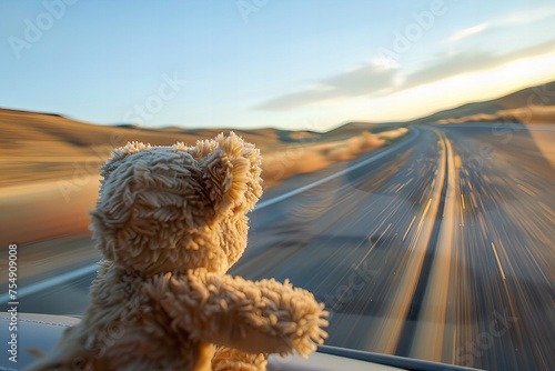 Teddy Bears Adventure: Speeding Through Desert Sunset Road Trip Banner