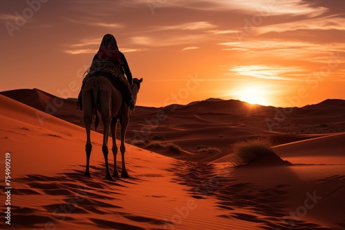 Sunset desert landscape with camels, pink skies, and sun setting over the horizon