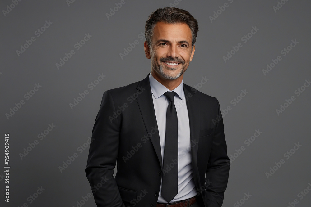 Confident mature businessman in formalwear smiling at camera while standing against grey background Confident mature businessman in formalwear smiling at camera while standing against grey background