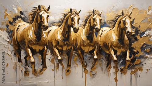Running horses oil painting on canvas. large stroke painting, mural painting, wall art