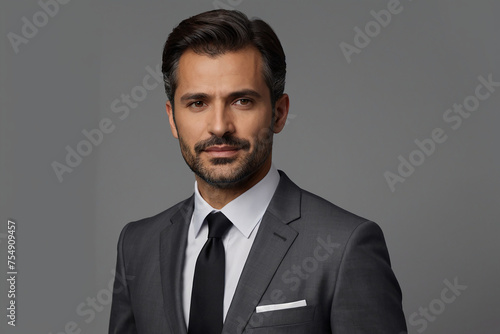 Portrait of handsome businessman in suit looking at camera isolated on grey